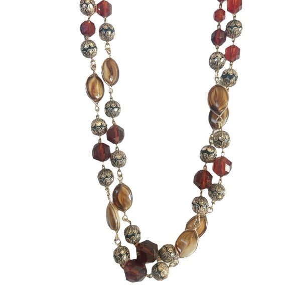 Vintage Jewelry - Vintage Double Strand Beaded Adjustable Boho Neurtal Necklace